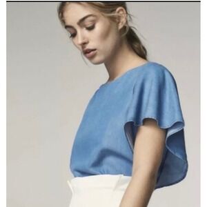 Massimo Dutti 10 blue‎ chambray short bell sleeve blouse top quiet luxury lagen